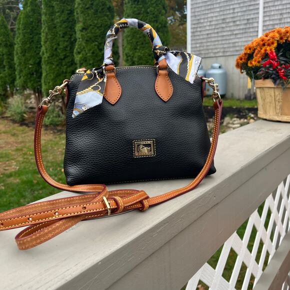 DOONEY & BOURKE Dillen Satchel, Black and Brown Leather Crossbody, + Bag Scarf! - Picture 14 of 15